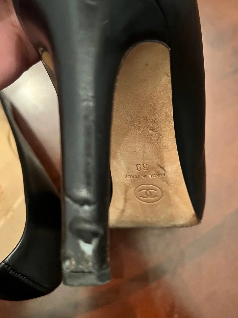 CHANEL Black Leather Logo High Heels Patent Leather Toe Size 39